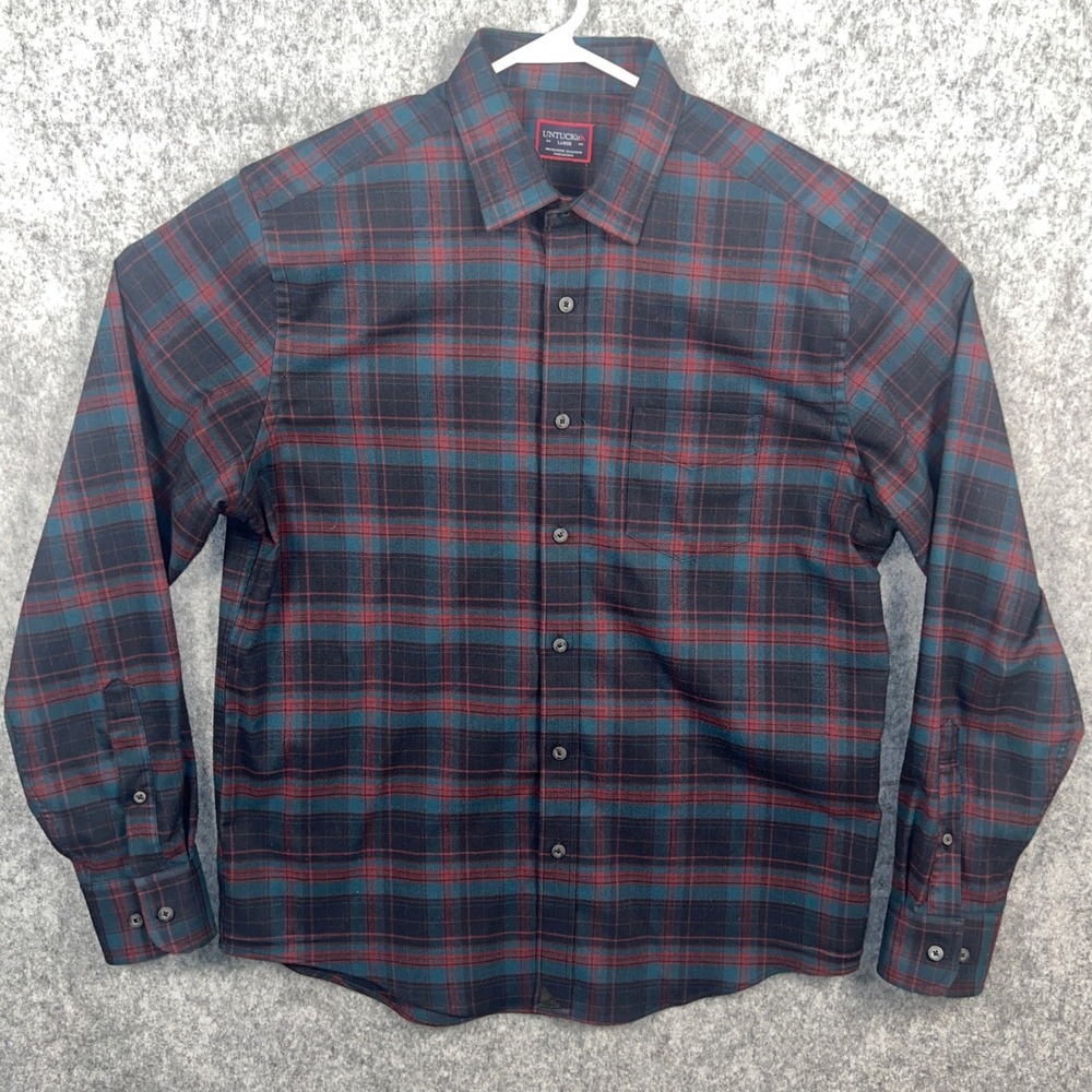 UNTUCKit Men's Large Plaid Button Down Shirt Red Teal Black Long Sleeve Pocket